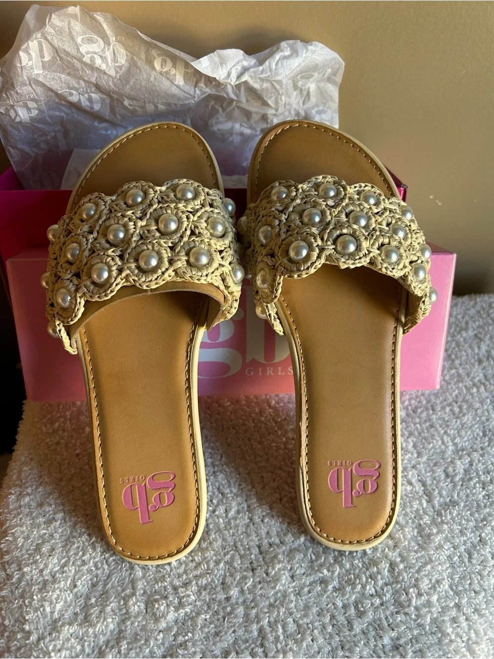 GB Girls Pearl Crochet Slide Sandals - Cream
